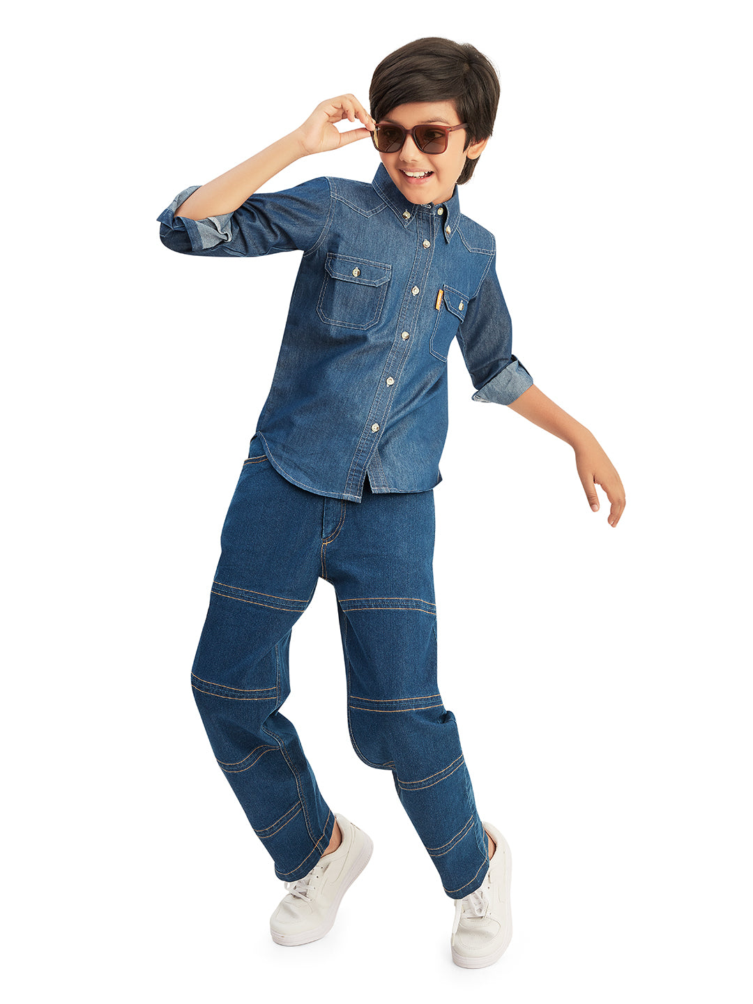 Olele® Boys Full Sleeves Button Down Cotton Light Denim Shirt - Blue