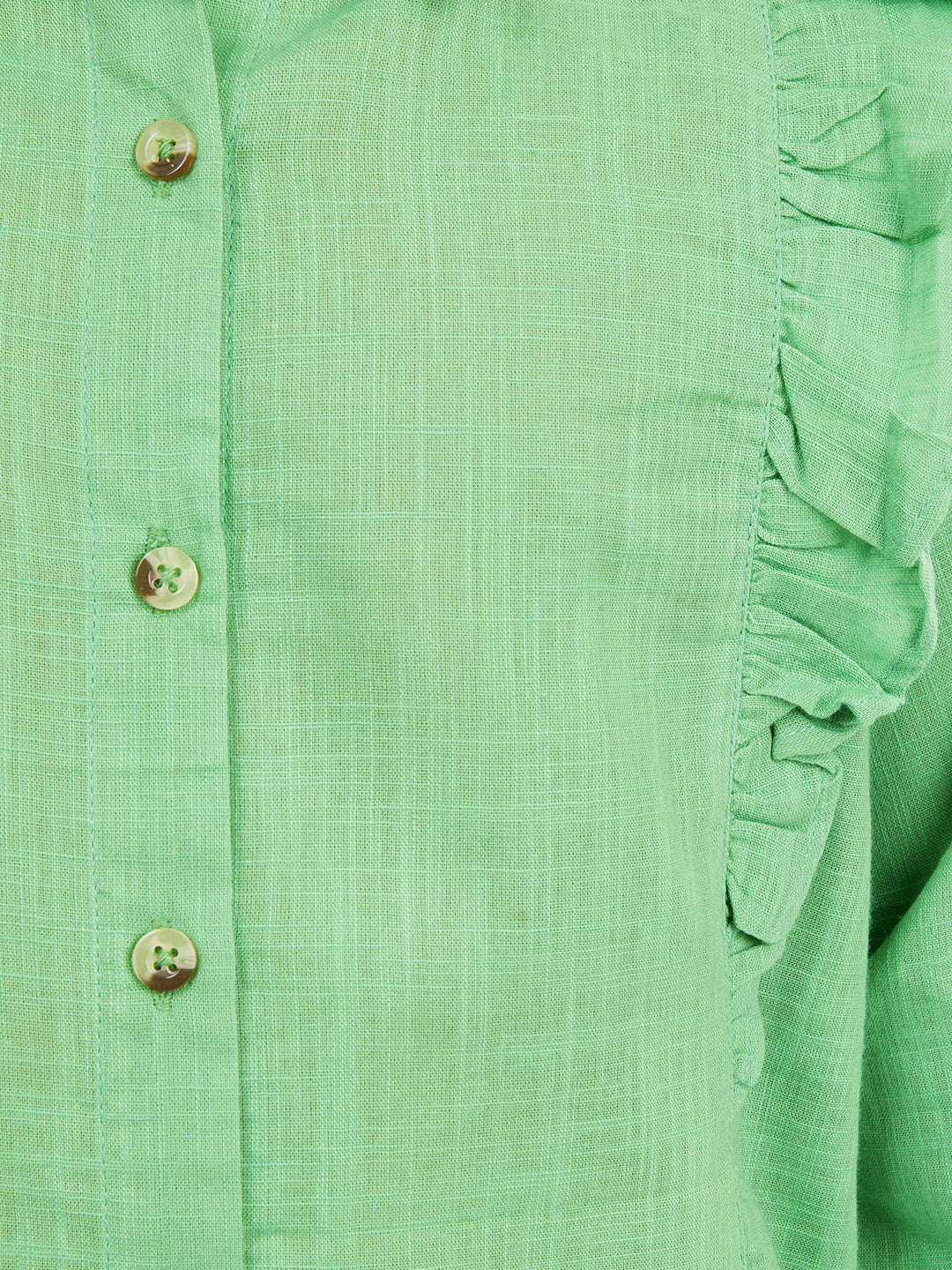 Olele® Girls Regina Full Sleeve Cotton Linen Shirt - Parrot Green
