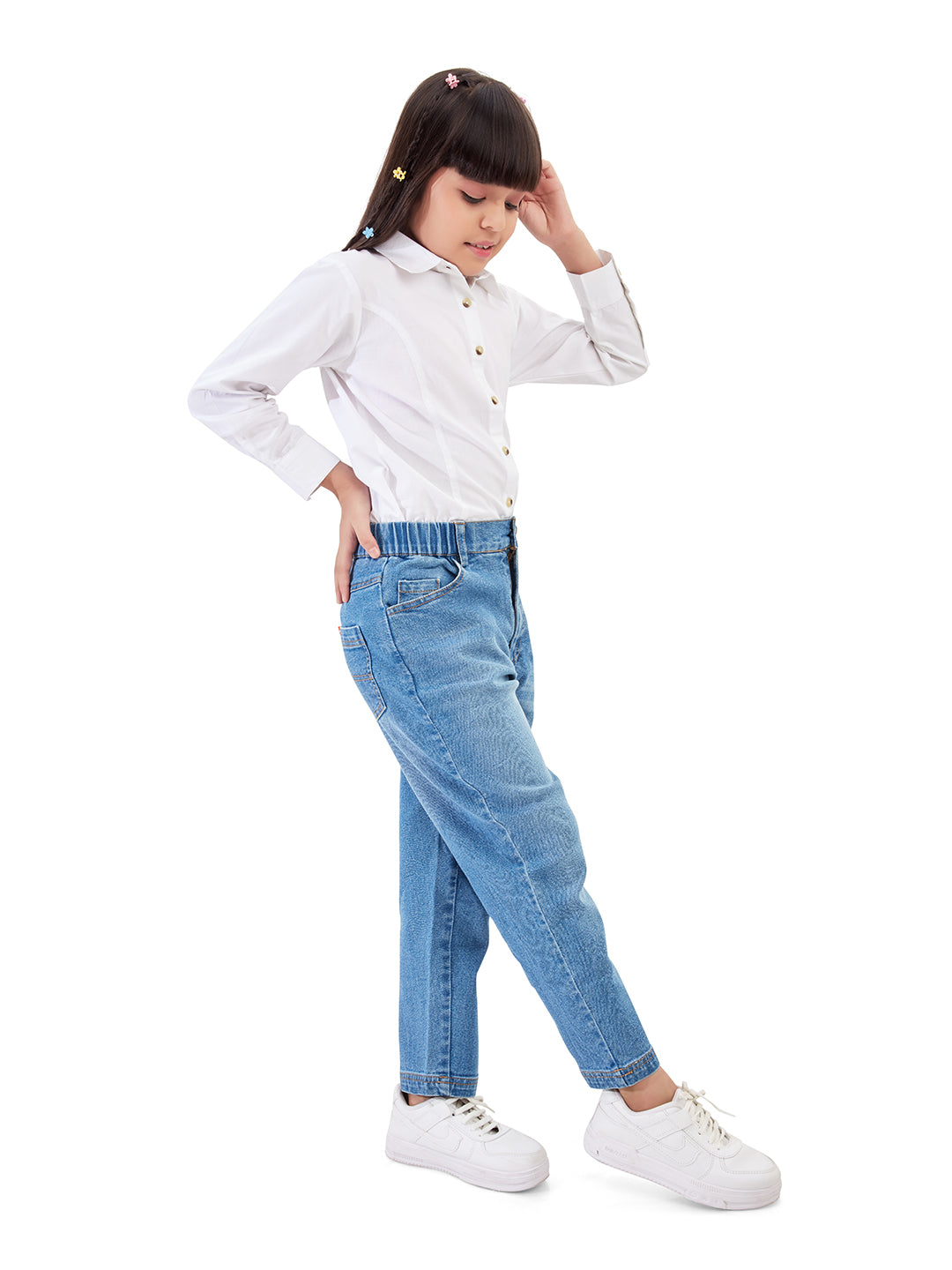 Olele® Girls Regular Fit Stretchable Vanilla Cotton Denim Jeans Pant