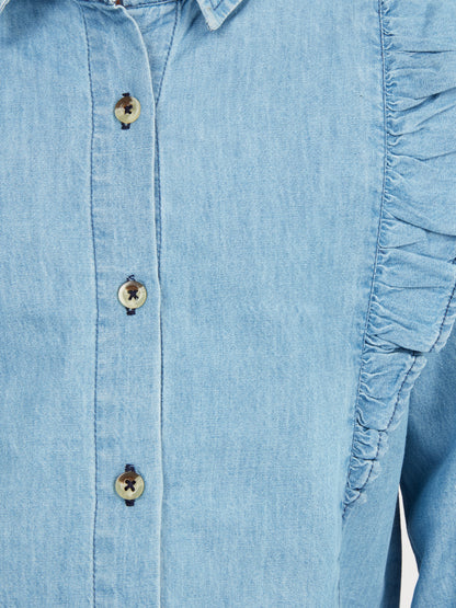 Olele® Girls Regina Full Sleeve Linen Denim Shirt - Light Blue