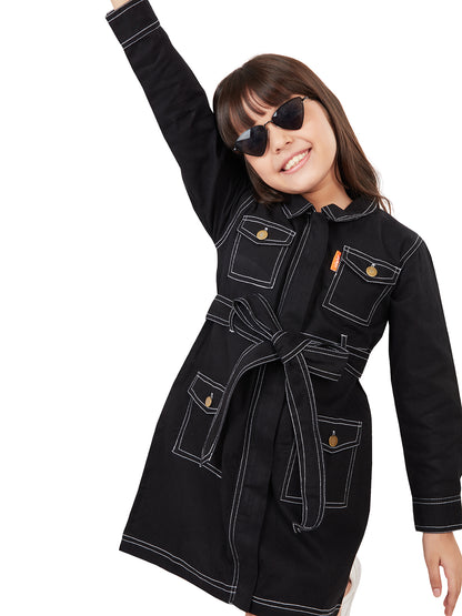Olele® Girls Utility Cotton Full Sleeve Dress - Black