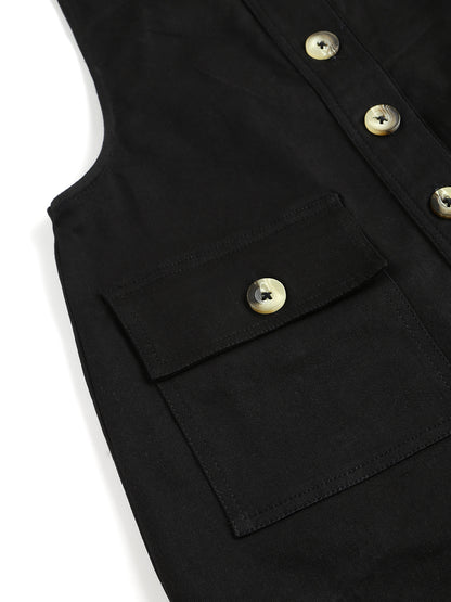 OLELE OVERALLS® Women's Dungaree Dress with Front Button Opening - Ebony Black