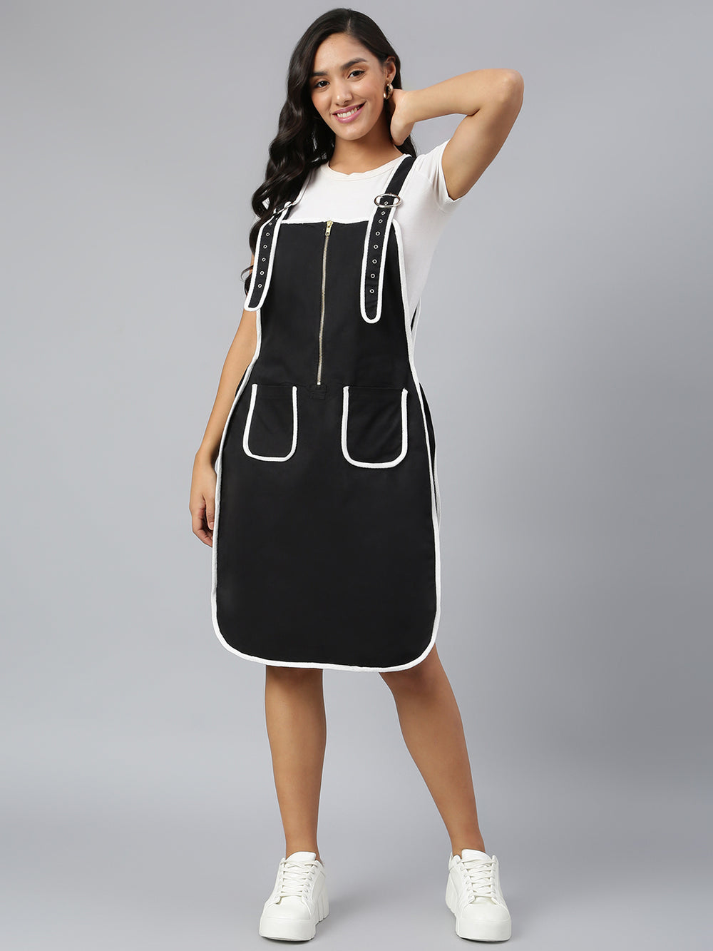 OLELE OVERALLS® Women's Dungaree Dress with Contrast Piping - Ebony Black