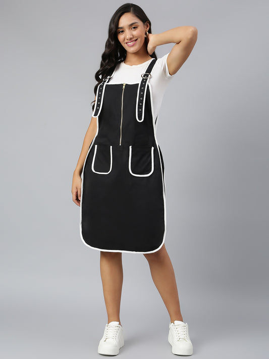 OLELE OVERALLS® Women's Dungaree Dress with Contrast Piping - Ebony Black