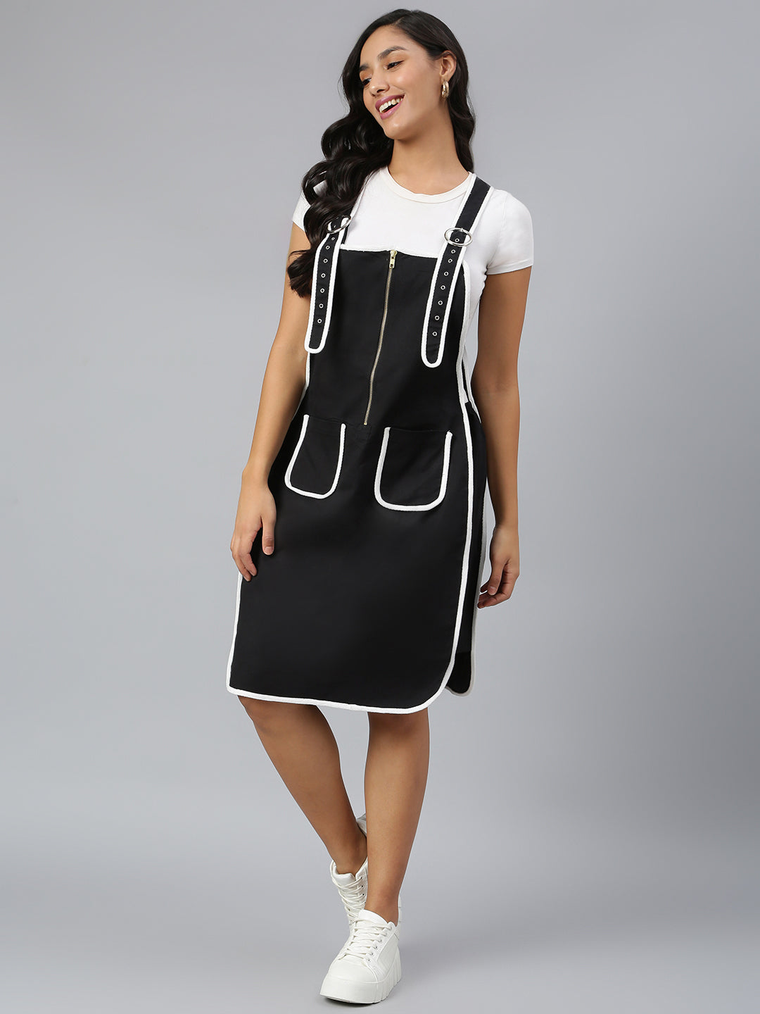 OLELE OVERALLS® Women's Dungaree Dress with Contrast Piping - Ebony Black