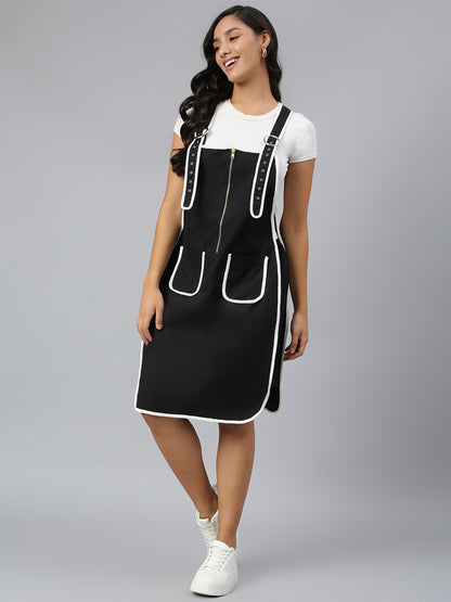 OLELE OVERALLS® Women's Dungaree Dress with Contrast Piping - Ebony Black