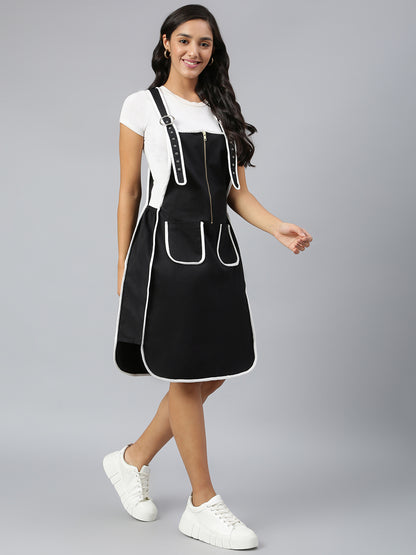 OLELE OVERALLS® Women's Dungaree Dress with Contrast Piping - Ebony Black