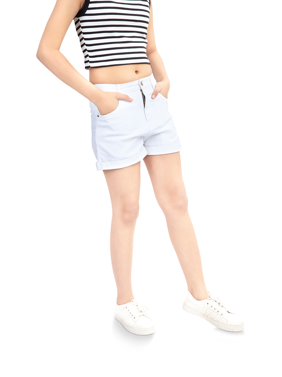 Girls Super White Cotton Denim Shorts