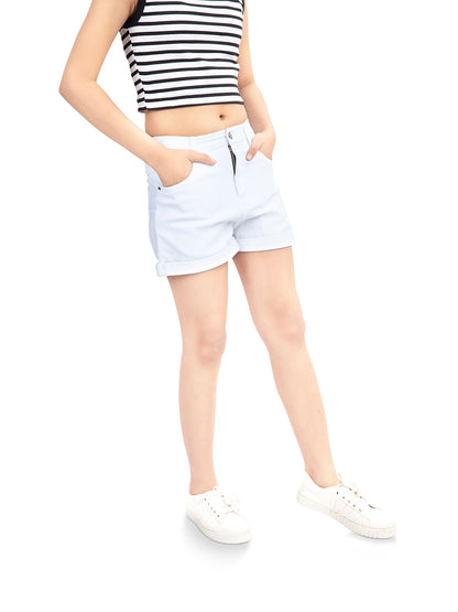 Girls Super White Cotton Denim Shorts