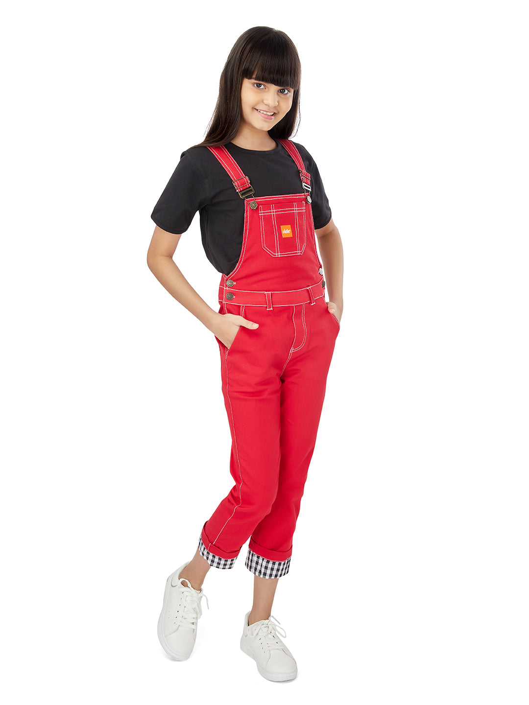 Olele® Full Length Cherry Red Twill Dungaree with Contrast Hemfold