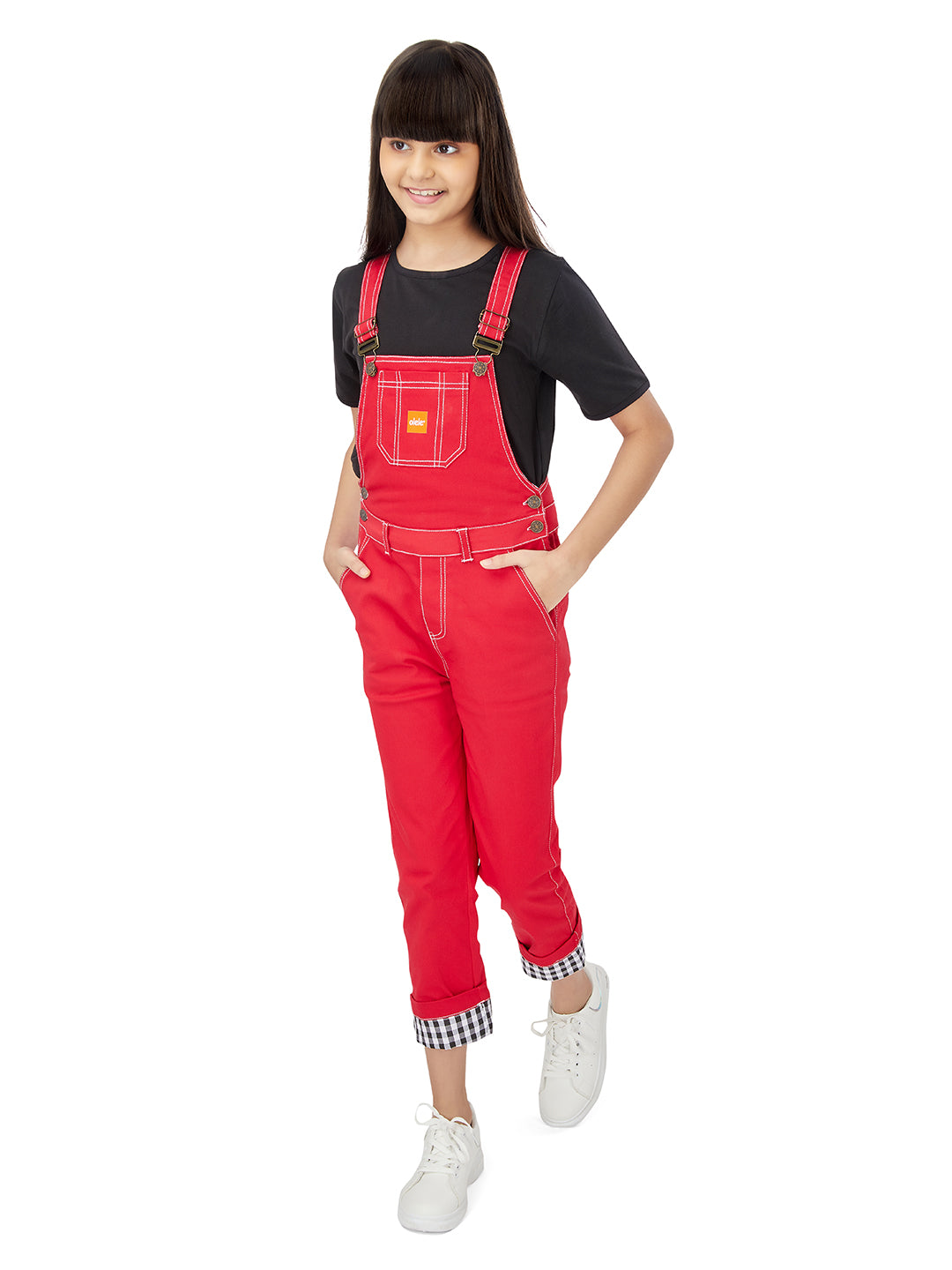 Olele® Full Length Cherry Red Twill Dungaree with Contrast Hemfold
