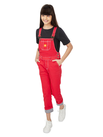 Olele® Full Length Cherry Red Twill Dungaree with Contrast Hemfold