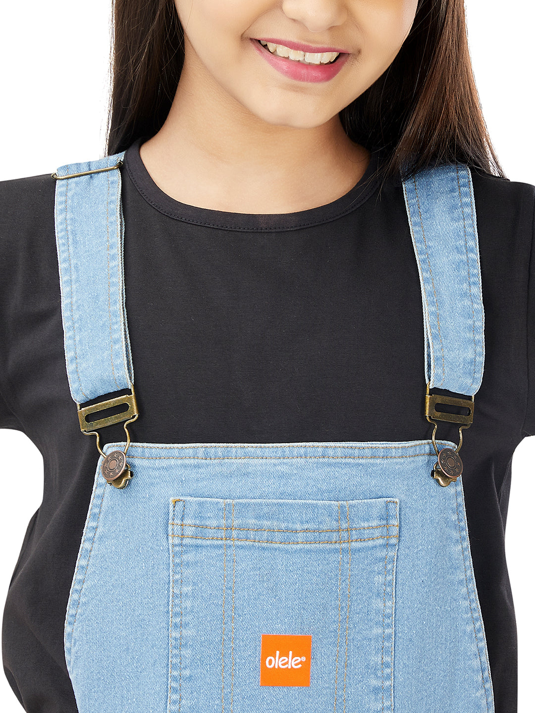 Olele® Full Length Light Blue Denim Dungaree with Elastic Bottom Hem