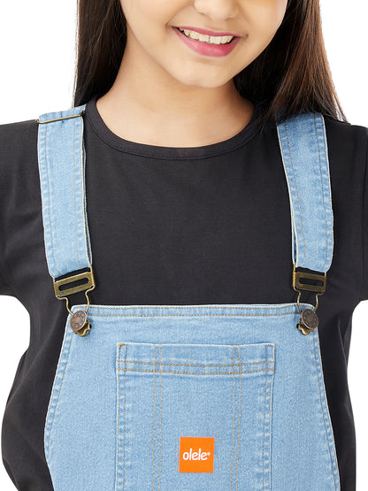Olele® Full Length Light Blue Denim Dungaree with Elastic Bottom Hem