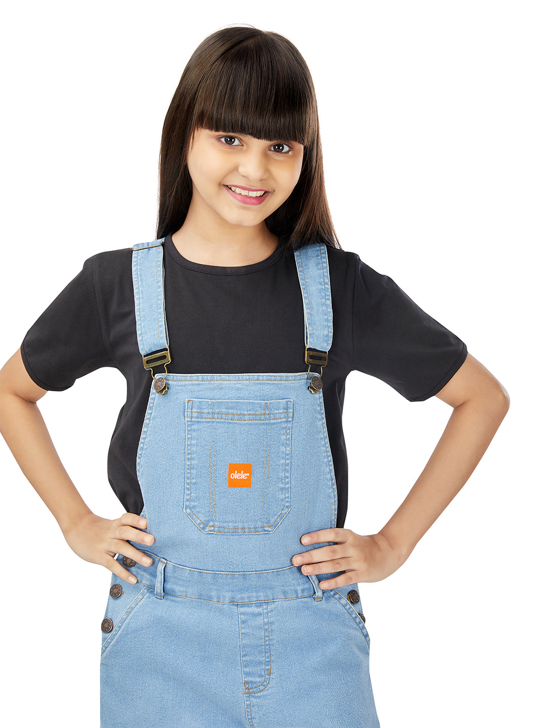 Olele® Full Length Light Blue Denim Dungaree with Elastic Bottom Hem