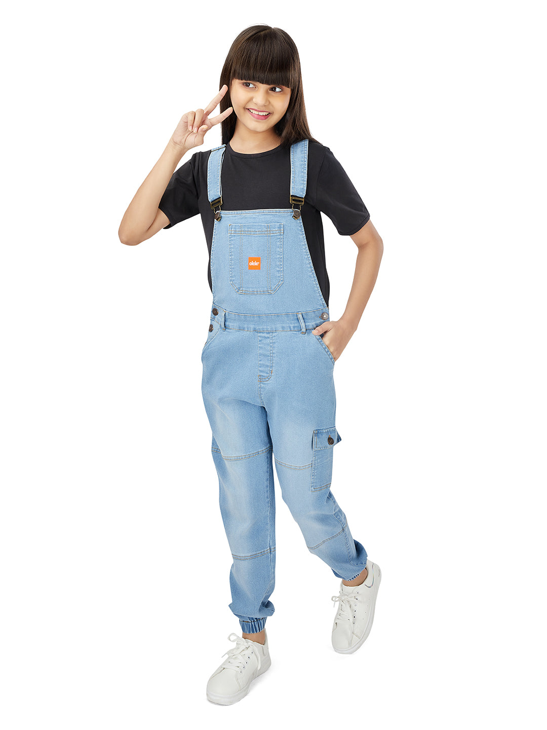 Olele® Full Length Light Blue Denim Dungaree with Elastic Bottom Hem