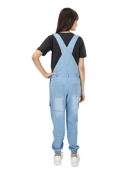 Olele® Full Length Light Blue Denim Dungaree with Elastic Bottom Hem