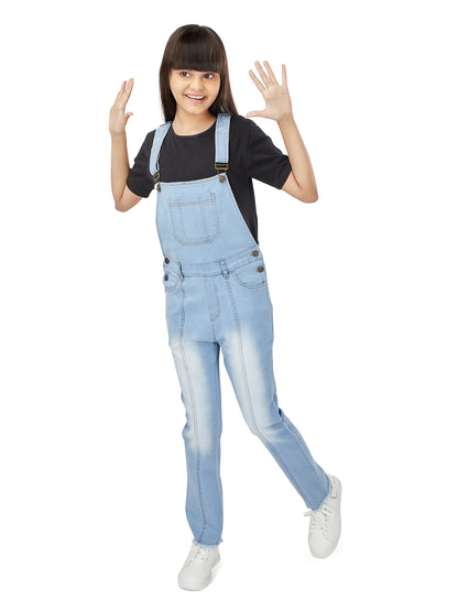 Olele® Full Length Light Blue Denim Pleated Dungaree with Raw Edge Hem
