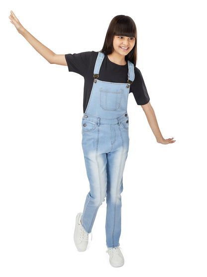 Olele® Full Length Light Blue Denim Pleated Dungaree with Raw Edge Hem