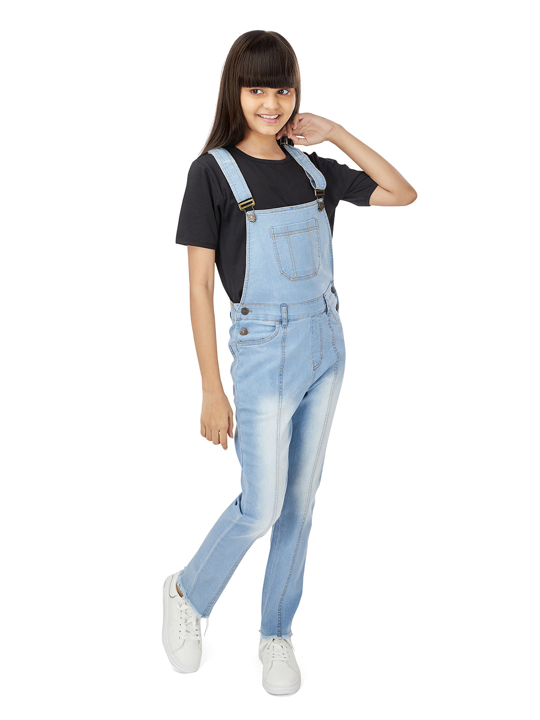 Olele® Full Length Light Blue Denim Pleated Dungaree with Raw Edge Hem