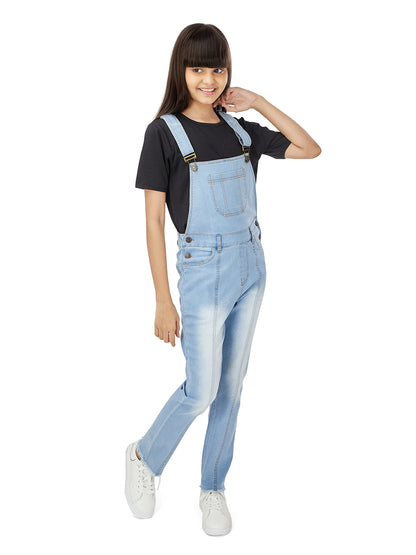 Olele® Full Length Light Blue Denim Pleated Dungaree with Raw Edge Hem