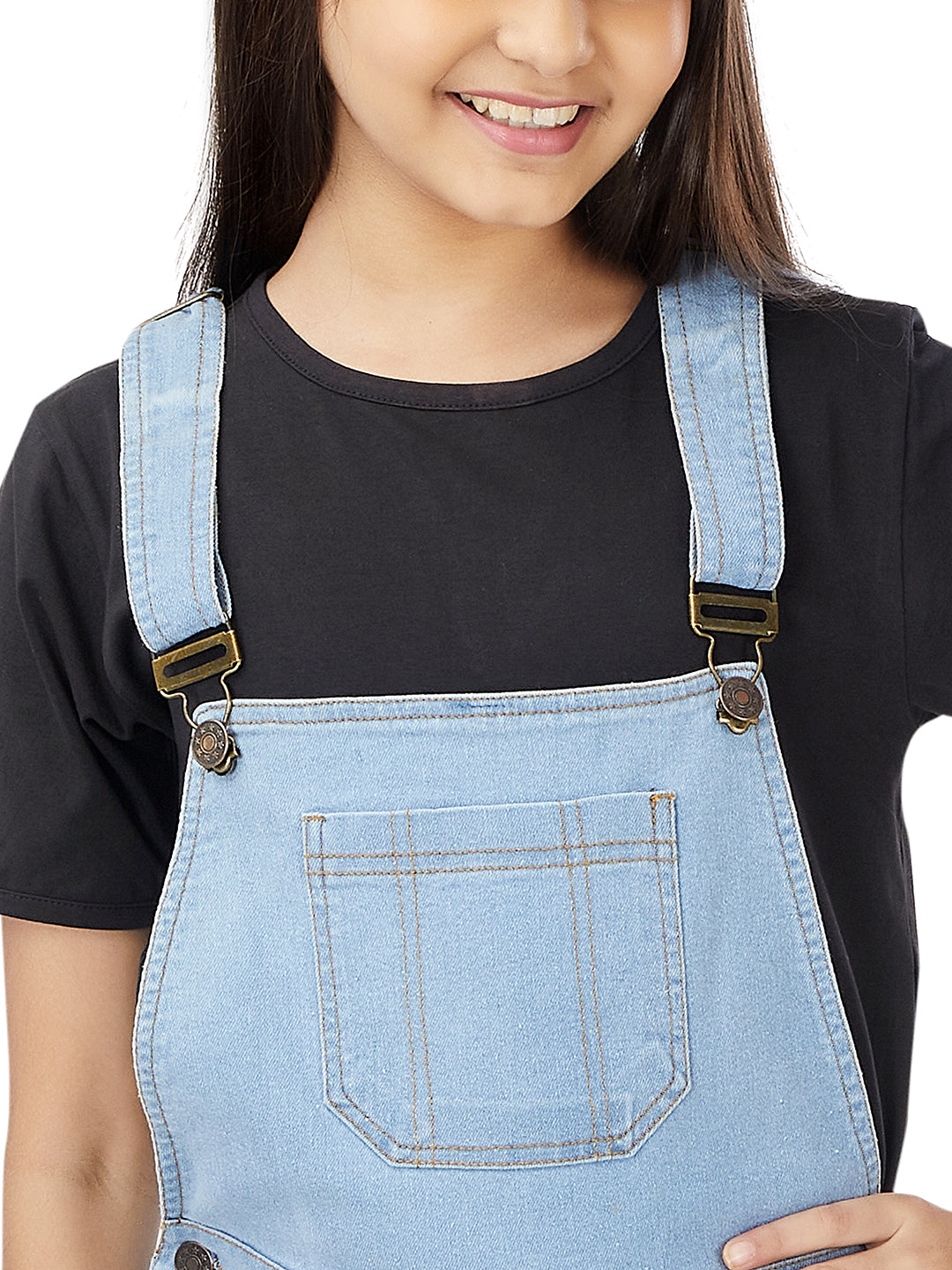 Olele® Full Length Light Blue Denim Pleated Dungaree with Raw Edge Hem