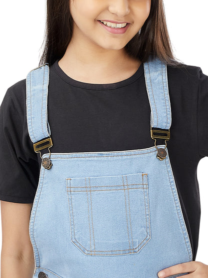 Olele® Full Length Light Blue Denim Pleated Dungaree with Raw Edge Hem