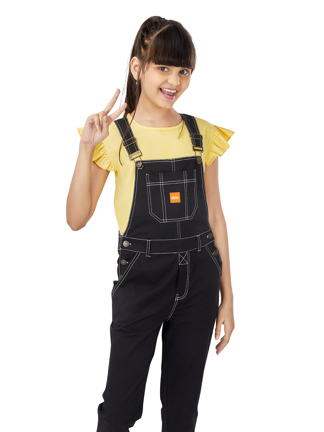 Olele® Full Length Cotton Twill Dungaree with Contrast Hemfold - Zed Black