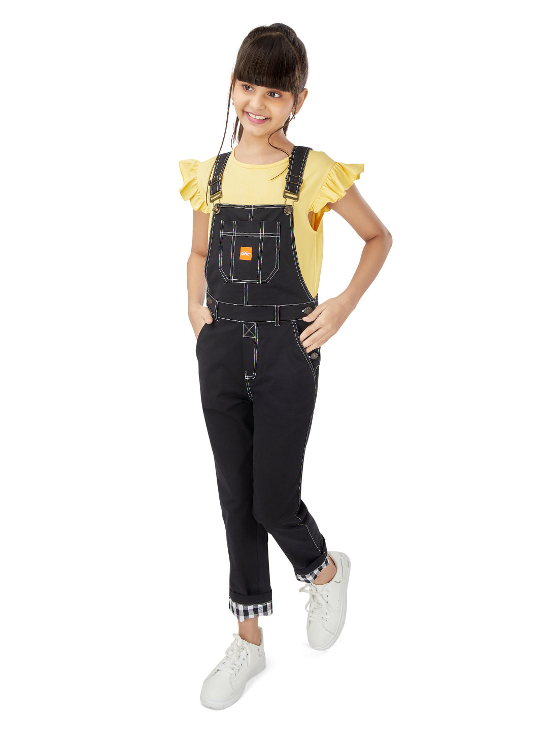 Olele® Full Length Cotton Twill Dungaree with Contrast Hemfold - Zed Black