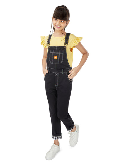 Olele® Full Length Cotton Twill Dungaree with Contrast Hemfold - Zed Black