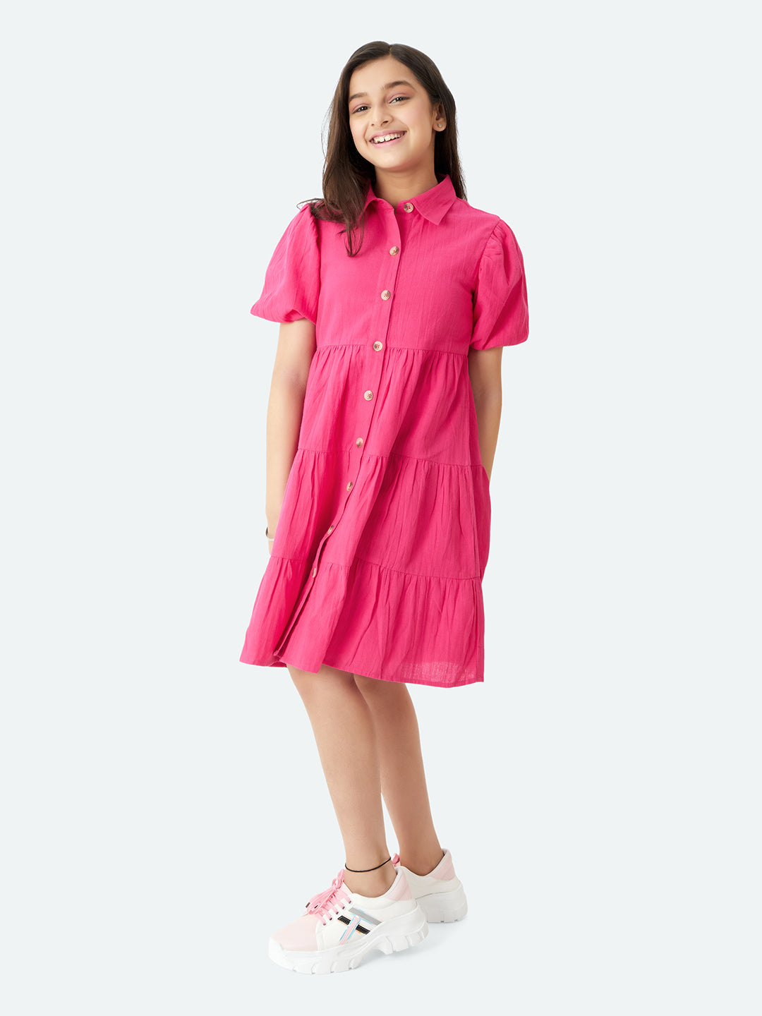 Olele® Girls Lucy Shirt Dress - Cotton Linen Hot Pink