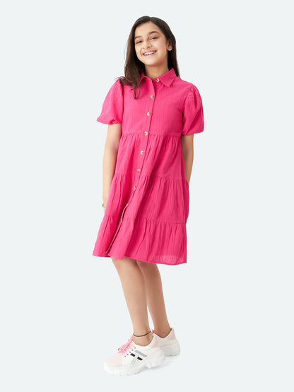 Olele® Girls Lucy Shirt Dress - Cotton Linen Hot Pink