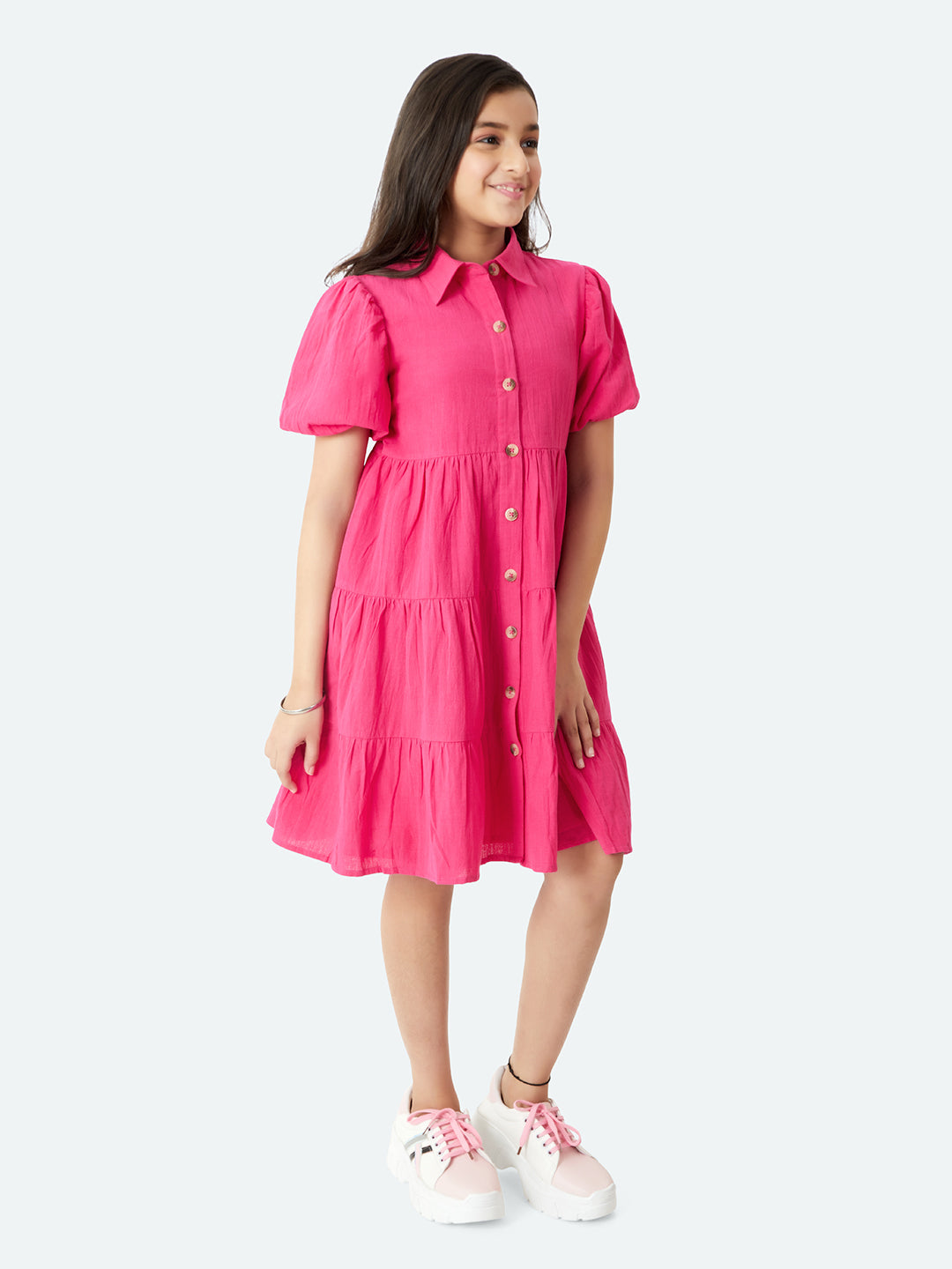 Olele® Girls Lucy Shirt Dress - Cotton Linen Hot Pink