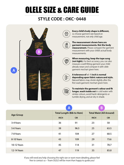 Olele® Boys Labra Cotton Twill Dungaree - Black and Camouflage