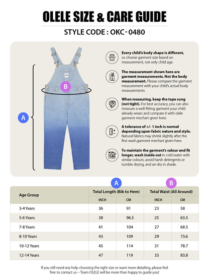 Olele®  Full Length Ombre Bio Washed Cotton Denim Dungaree - Girls