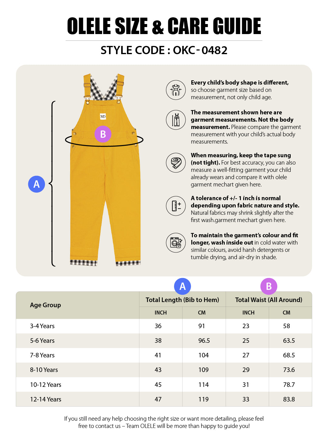 Olele®  Full Length Signature Hemfold Yellow Cotton Dungaree - Girls