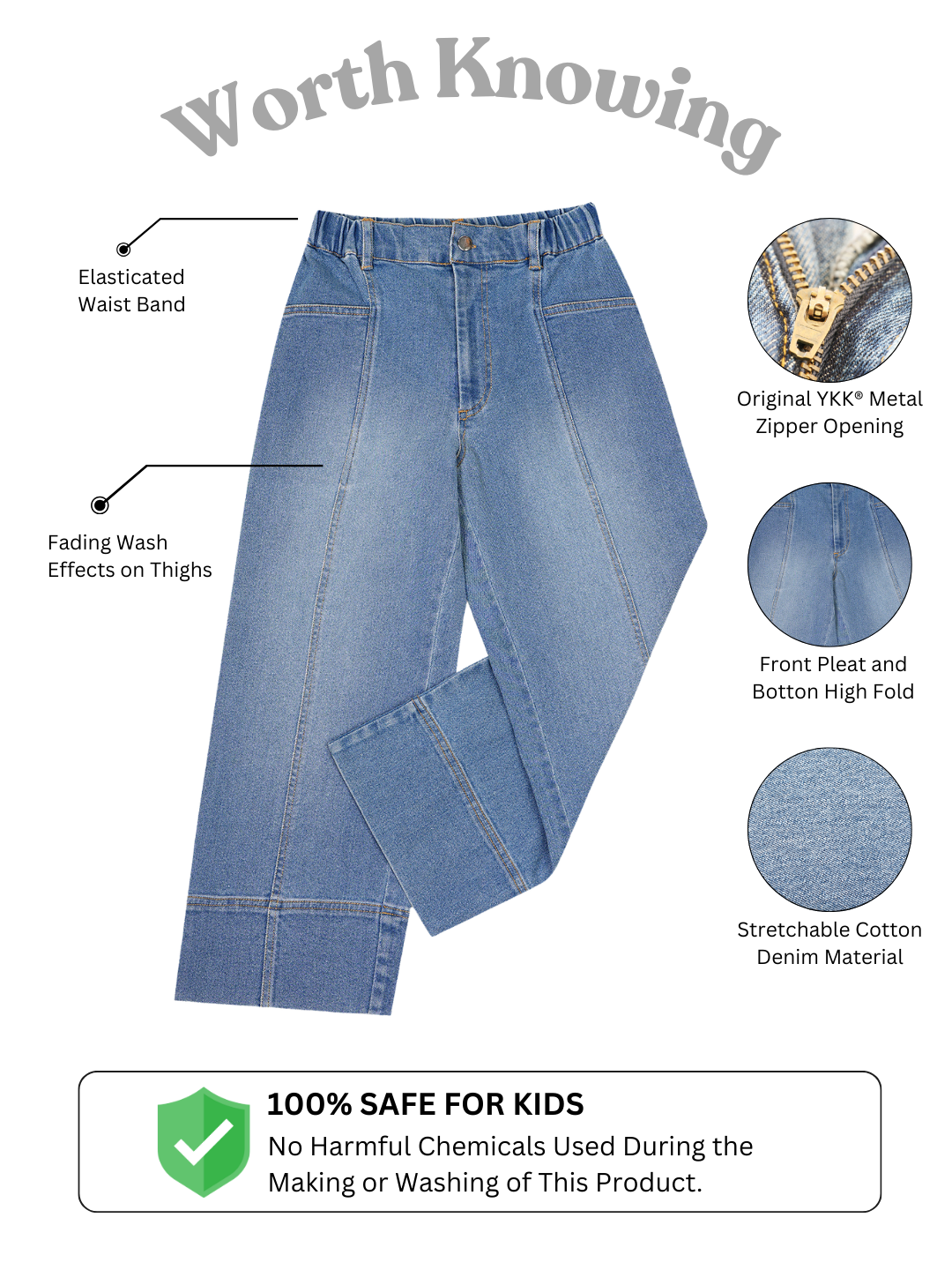 Olele® Girls Retro Front Seam Jeans Pant - Cotton Denim