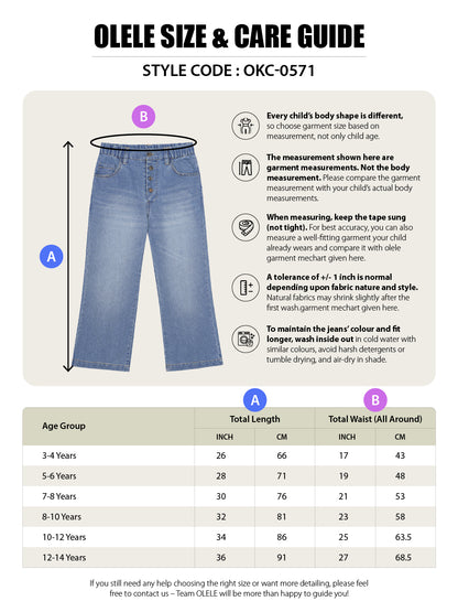 Olele® Boot Cut Button Fly Jeans Pant for Girls - Cotton Denim