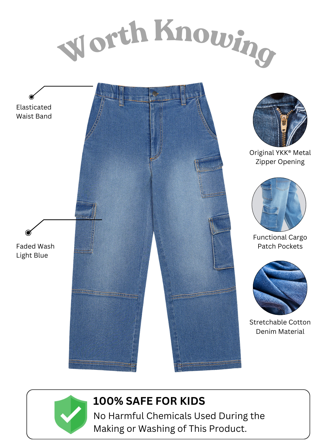 Olele® 7 Pockets Cargo Jeans Pants for Girls - Cotton Denim