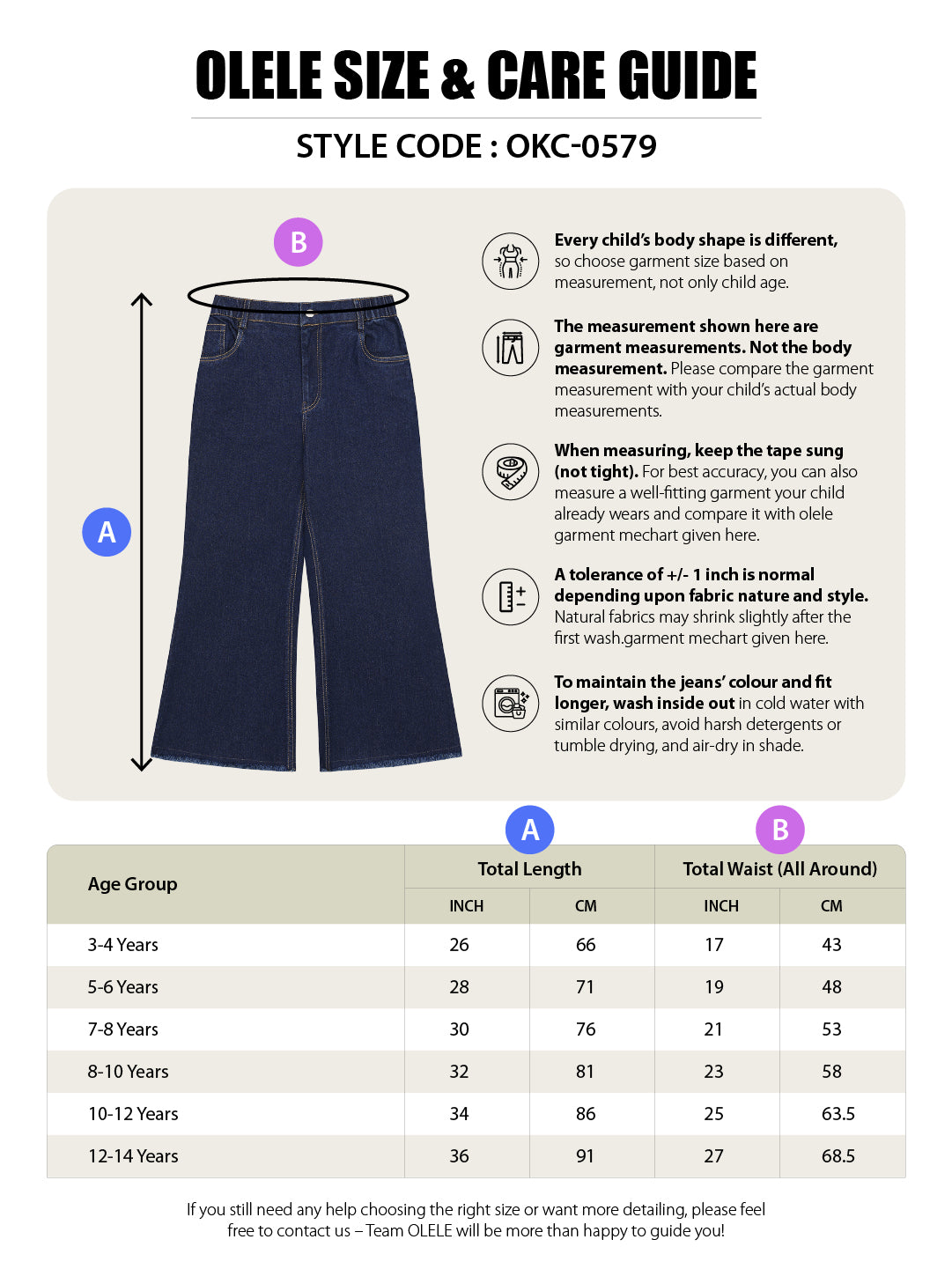 Olele® Girls Wide Leg Baggy Jeans - Cotton Denim