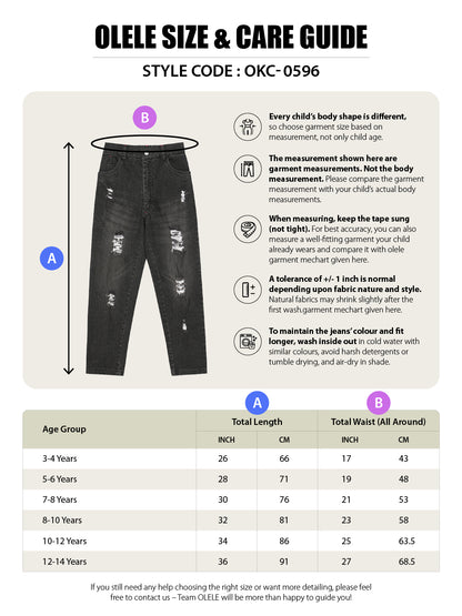 Olele® Boys Cotton Denim Distressed Wash Jeans Pant - Black
