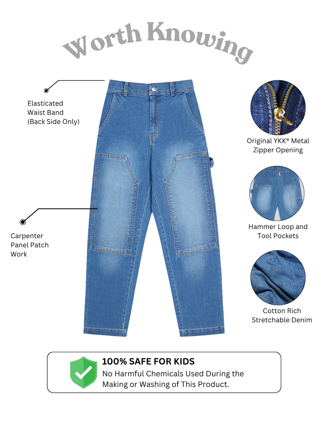 Olele® Boys Cotton Carpenter Denim Jeans - Blue