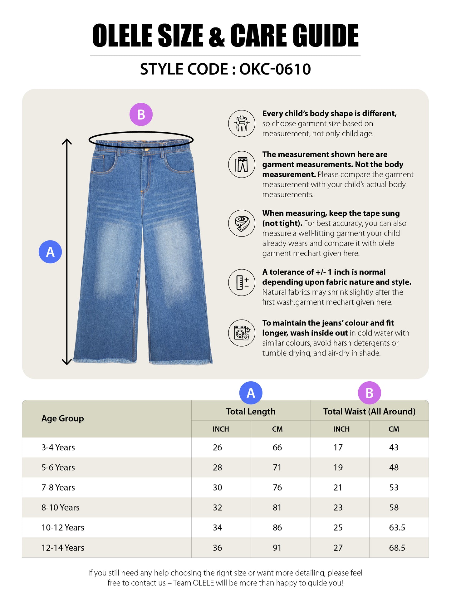 Olele® Girls Wide Leg Cotton Denim Jeans