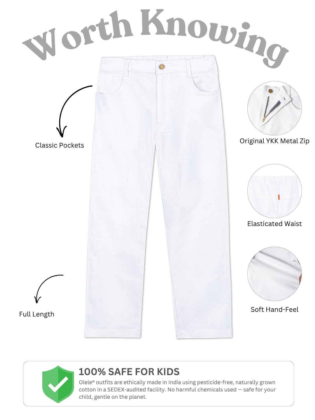 Olele® Girls Relaxed Fit White Cotton Denim Jeans