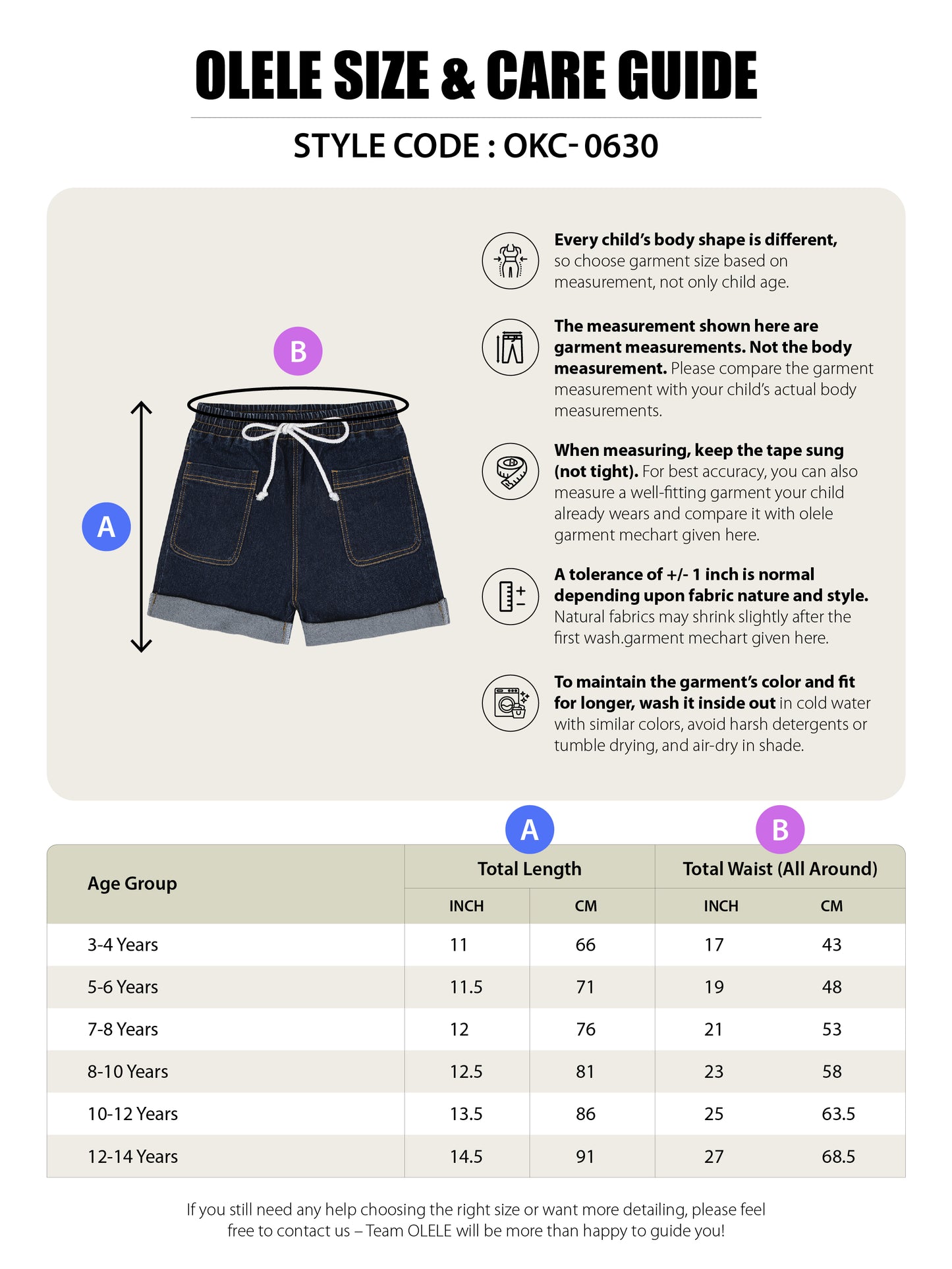 Olele® Girls All Around Elasticated Cotton Denim Short