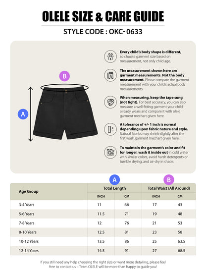 Olele® Girls Ebony Black Cotton Denim Shorts