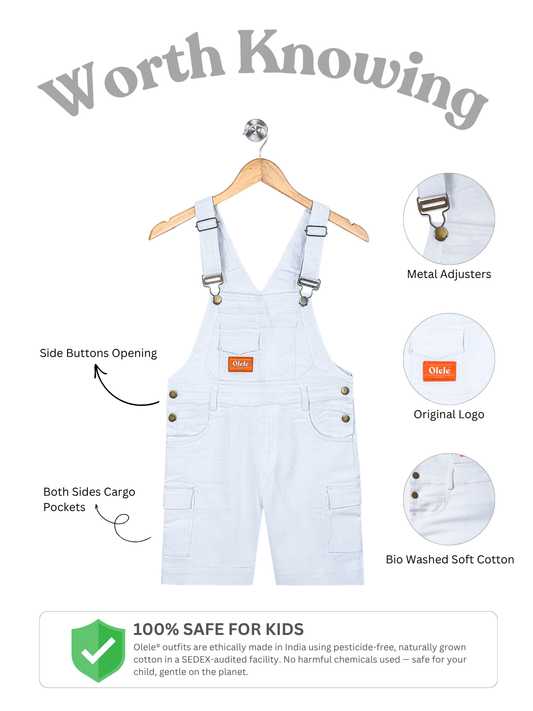 Olele® Girls White Cotton Denim Romper Dungaree