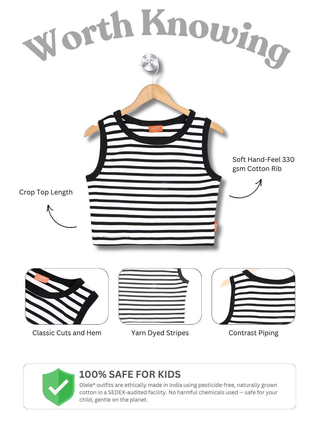 Olele® Girls Stripe Cotton Rib Crop Top