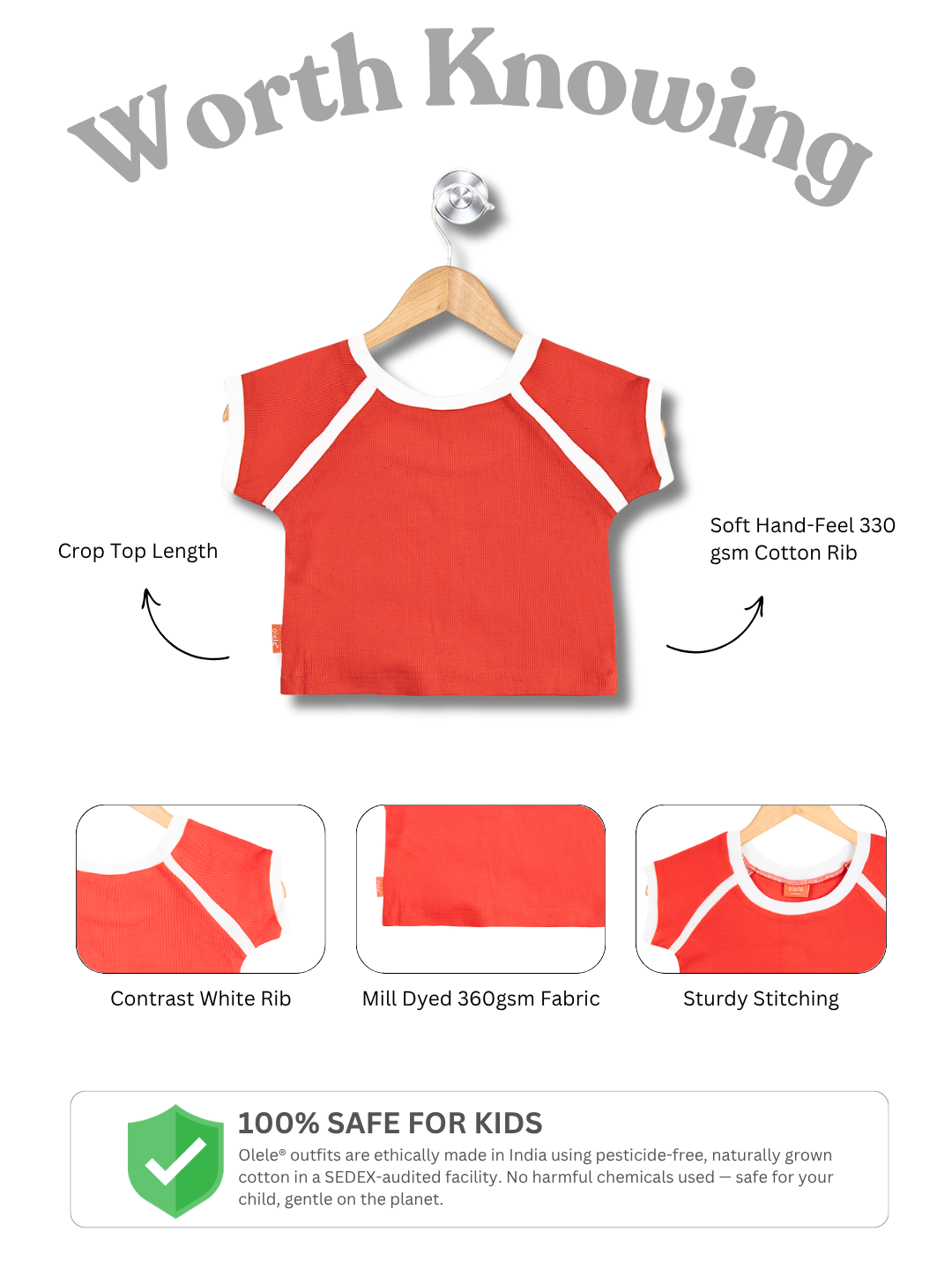 Olele® Girls 60s Cotton Rib Red Crop Top