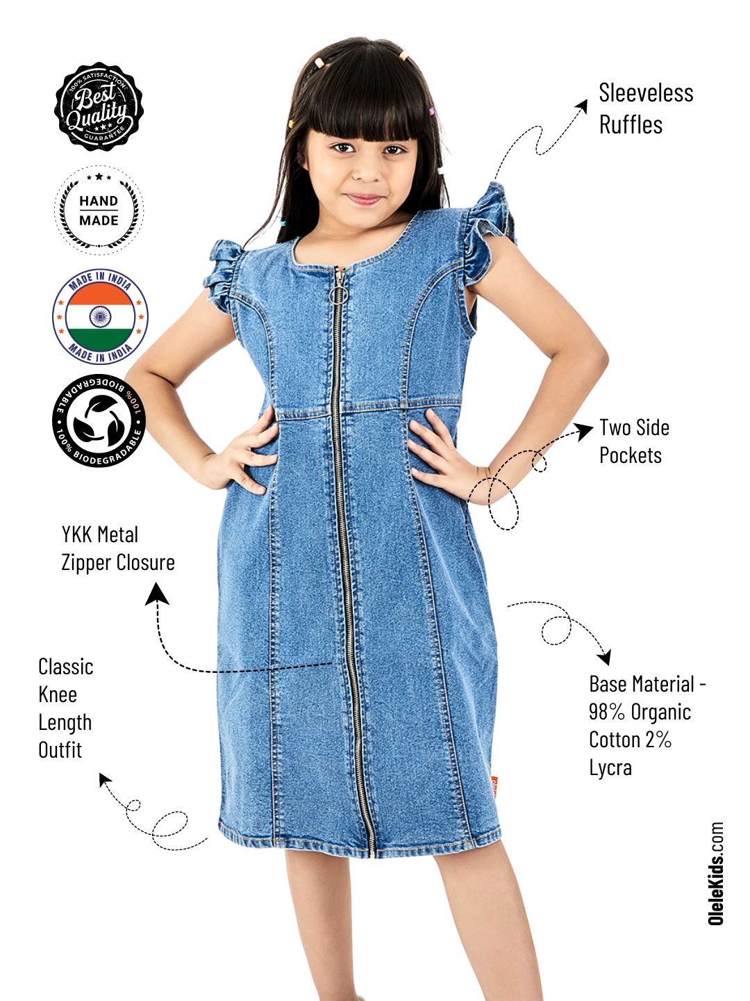 Olele® Chelsea Cotton Denim Dress with Metal Zipper Opening
